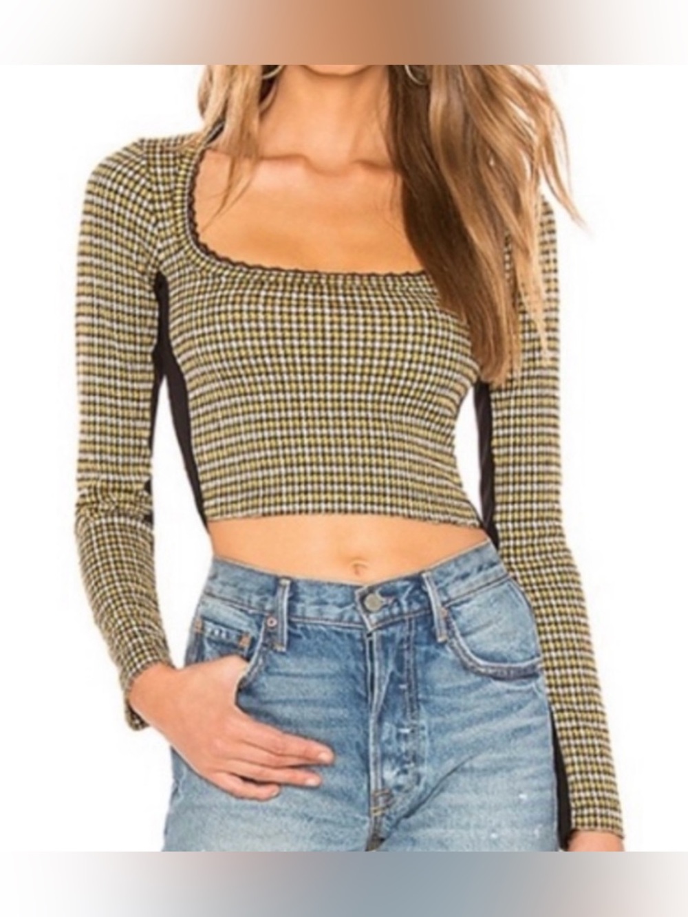 Free People Black and Yellow Houndstooth Square Neck Cropped Blouse - Size M